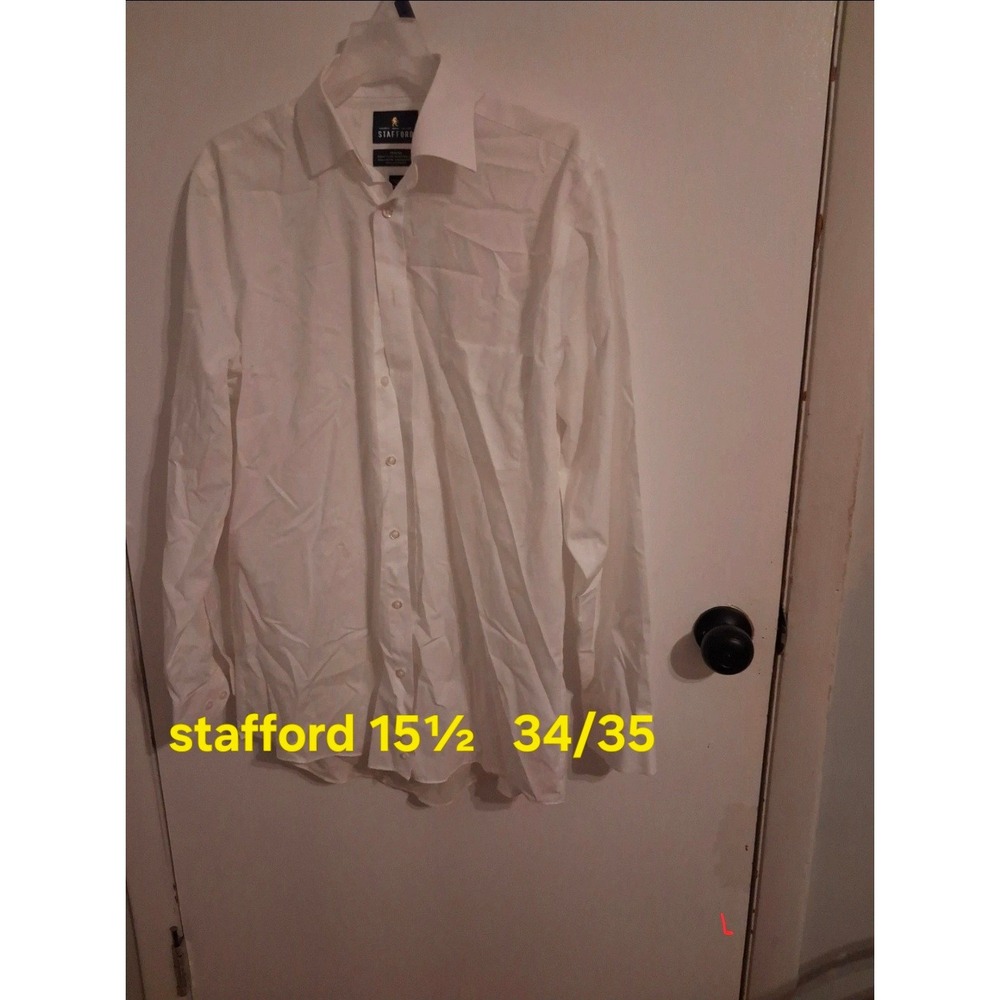 Stafford Mens White Travel Easy-Care Broadcloth Dress Shirt 15.5 34/35 Regular